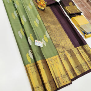 New Design Pure Kanjivaram Fancy Silk Saree Olive Green Color w/ Blouse