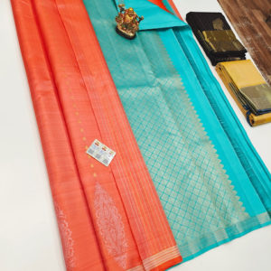 Unique Design Pure Kanjivaram Fancy Silk Saree Orange Color w/ Blouse