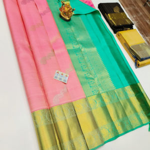 Trendy Design Pure Kanjivaram Fancy Silk Saree Peach Color w/ Blouse