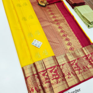 Pure Kanjivaram Fancy Silk Saree Pineapple Yellow Color w/ Blouse