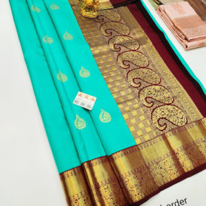 Pure Kanjivaram Fancy Silk Saree Teal Blue Color w/ Blouse