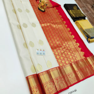 New Design Pure Kanjivaram Fancy Silk Saree White Color w/ Blouse