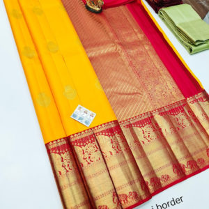 Trendy Design Pure Kanjivaram Fancy Silk Saree Yellow Color w/ Blouse