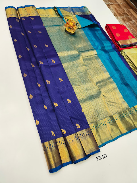 Trendy Design K.M.D Soft 75% Pure Silk Saree Ink Blue Color w/ Blouse