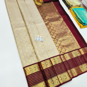 Kanjivaram Pure Wedding Silk Saree Cream Color w/ Blouse