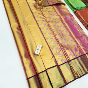 New Design Kanjivaram Pure Wedding Silk Saree Golden Color w/ Blouse