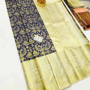 Jewelry Design Kanjivaram Pure Wedding Silk Saree Ink Blue Color w/ Blouse