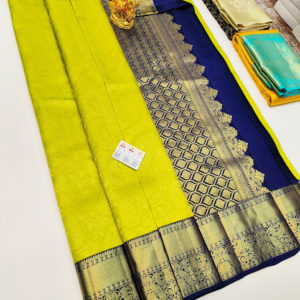 Beautiful Design Kanjivaram Pure Wedding Silk Saree Lemon Green Color w/ Blouse