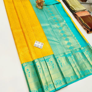 Latest Design Kanjivaram Pure Wedding Silk Saree Yellow Color w/ Blouse
