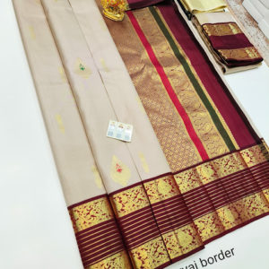 New Design Pure Kanjivaram Fancy Silk Saree Cream and Red Color w/ Blouse
