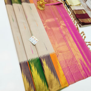 Temple Design Pure Kanjivaram Fancy Silk Saree Cream Color w/ Blouse