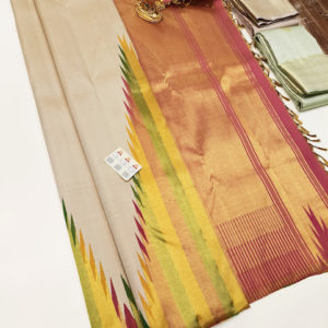 Beautiful Temple Design Pure Kanjivaram Fancy Silk Saree Cream Color w/ Blouse