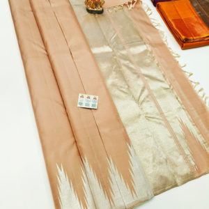 New Temple Design Pure Kanjivaram Fancy Silk Saree Light Brown Color w/ Blouse