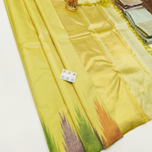 Temple Design Pure Kanjivaram Fancy Silk Saree Light Yellow Color w/ Blouse