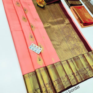 Beautiful Design Pure Kanjivaram Fancy Silk Saree Peach Color w/ Blouse