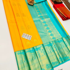 Pure Kanjivaram Fancy Silk Saree Yellow Color w/ Blouse