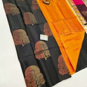 Beautiful Design Pure Soft Silks Saree Black and Orange Color w/ Blouse
