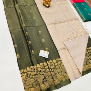 Elephant and Flower Design Pure Soft Silk Saree Olive Green Color w/ Blouse