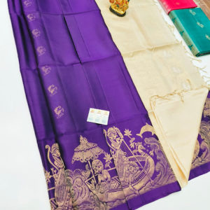 Beautiful Boat and Girls Design Pure Soft Silk Saree Purple Color w/ Blouse