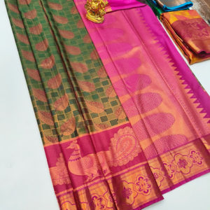 Peacock and Leaf Design Kanchi Semi Silk Saree Bottle Green Color w/ Blouse