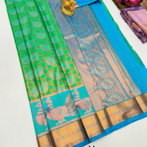 Leaf and Peacock Design Kanchi Semi Silk Saree Green Color w/ Blouse
