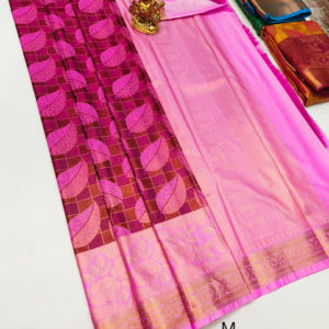 Leaf Design Kanchi Semi Silk Saree Pink Color w/ Blouse