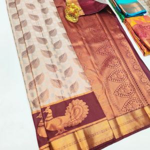 Leaf and Peacock Design Kanchi Semi Silk Saree White Color w/ Blouse