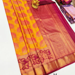 Leaf and Peacock Design Kanchi Semi Silk Saree Yellow Color w/ Blouse