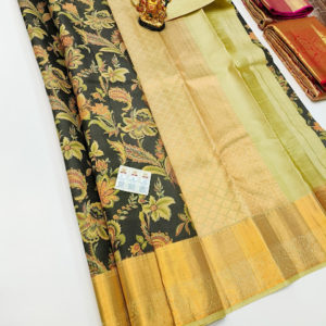 Flower Design Kanjivaram Pure Wedding Silk Saree Black Color w/ Blouse