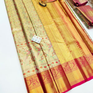 Flower and Parrot Design Kanjivaram Pure Wedding Silk Saree Butter Yellow Color w/ Blouse