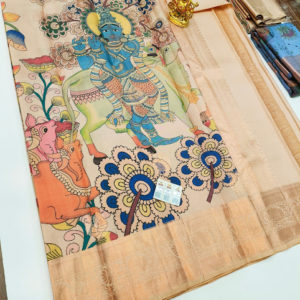 Lord Krishna Image Design Kanjivaram Pure Wedding Silk Saree Copper Color w/ Blouse