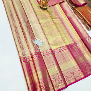 Kanjivaram Pure Wedding Silk Saree Cream and Magenta Color w/ Blouse