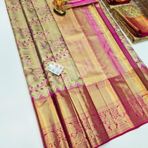 Kanjivaram Pure Wedding Silk Saree Cream and Magenta Color w/ Blouse