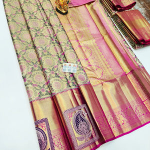 Beautiful Design Kanjivaram Pure Wedding Silk Saree Cream and Pink Color w/ Blouse