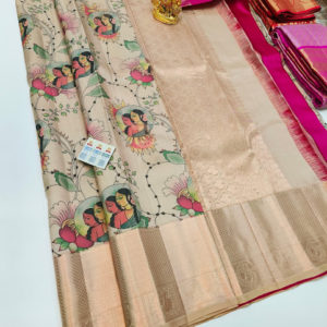 Girls Design Kanjivaram Pure Wedding Silk Saree Cream Color w/ Blouse