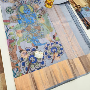 Lord Krishna Image Design Kanjivaram Pure Wedding Silk Saree Gray Color w/ Blouse