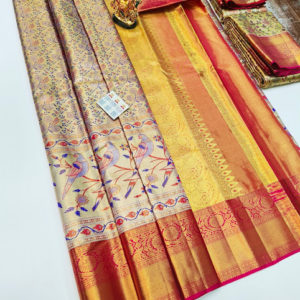 Parrot and Flower Design Kanjivaram Pure Wedding Silk Saree Off White Color w/ Blouse