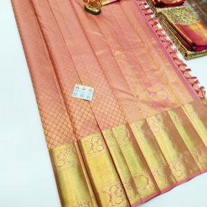 Diomond Design Kanjivaram Pure Wedding Silk Saree Peach Color w/ Blouse