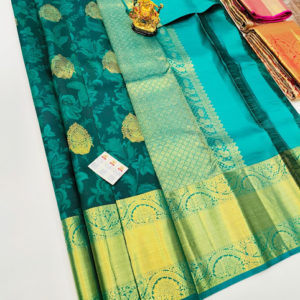 Flower Design Kanjivaram Pure Wedding Silk Saree Peacock Blue Color w/ Blouse