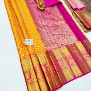 Unique Design Kanjivaram Pure Wedding Silk Saree Yellow Color w/ Blouse