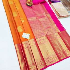 Unique Design Pure Kanjivaram Fancy Silk Saree Orange Color w/ Blouse