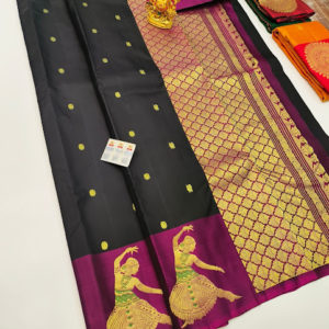 Classical Dance Border Pure Kanjivaram Fancy Silk Saree Black Color w/ Blouse