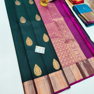 Pure Kanjivaram Fancy Silk Saree Bottle Green Color w/ Blouse