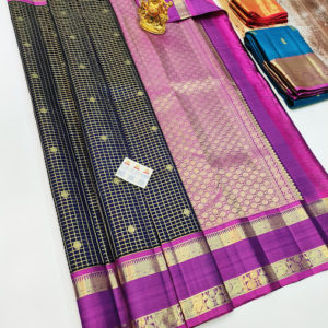 Small Checks Design Pure Kanjivaram Fancy Silk Saree Dark Blue Color w/ Blouse
