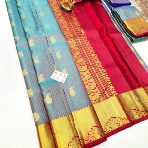 Latest Design Pure Kanjivaram Fancy Silk Saree Double Shade Color w/ Blouse