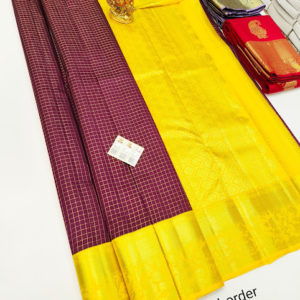 Small Checks Design Pure Kanjivaram Fancy Silk Saree Kumkum Red Color w/ Blouse