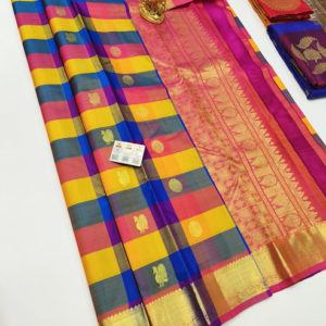 Checked Design Pure Kanjivaram Fancy Silk Saree Multi Color w/ Blouse