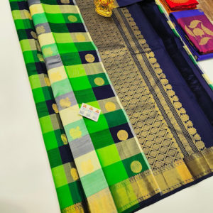 Checked Design Pure Kanjivaram Fancy Silk Saree Green, Blue and White Color w/ Blouse