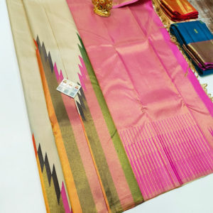 Temple Design Pure Kanjivaram Fancy Silk Saree Off White Color w/ Blouse