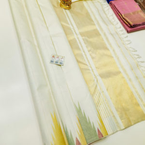 New Temple Design Pure Kanjivaram Fancy Silk Saree White Color w/ Blouse